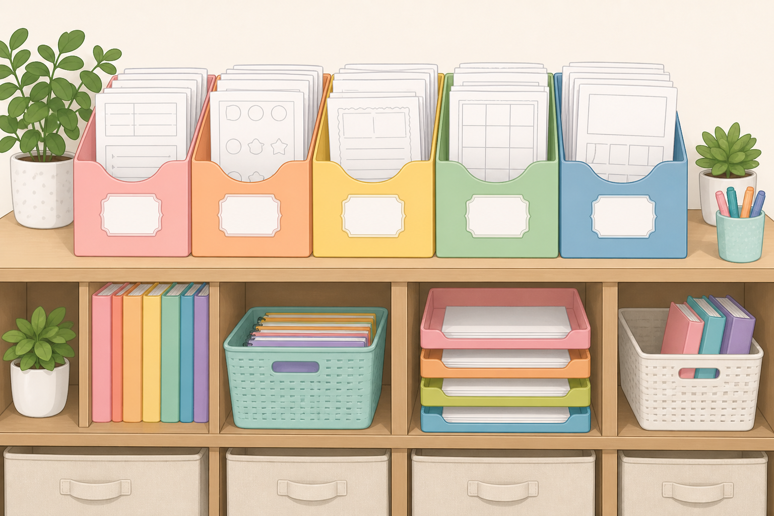 Classroom organization system with labeled Monday through Friday folders holding morning work worksheet packets