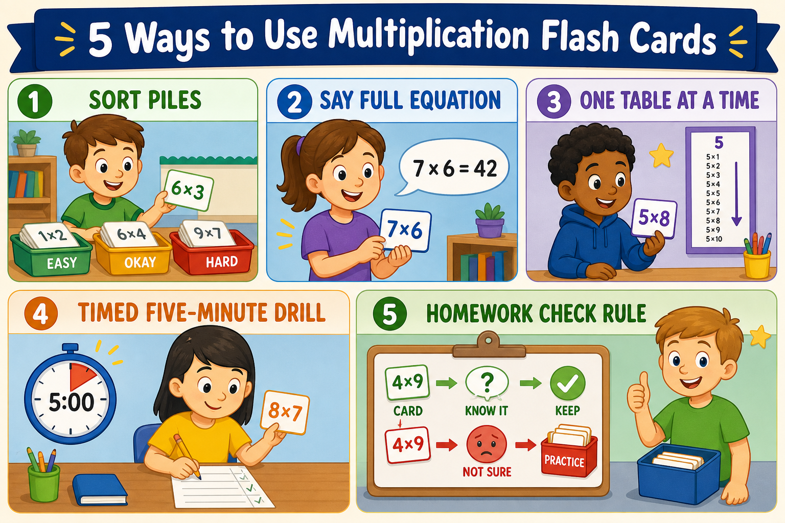 Five multiplication flash card activities: one table at a time, say full equation, three-pile sort, timed drill, homework check