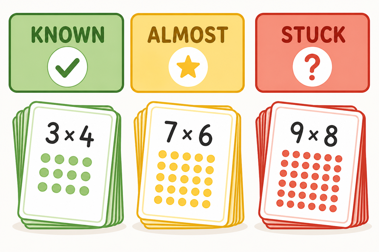 Three piles of multiplication flash cards sorted into known, almost, and stuck categories