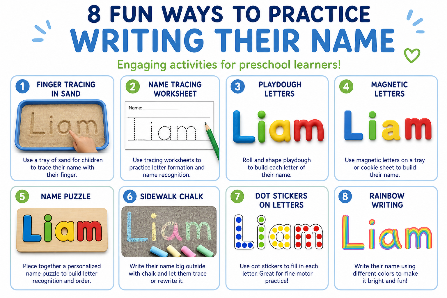 Grid of eight preschool name writing activities including sand tracing, worksheets, playdough letters, magnetic letters, puzzles, chalk, stickers, and rainbow writing