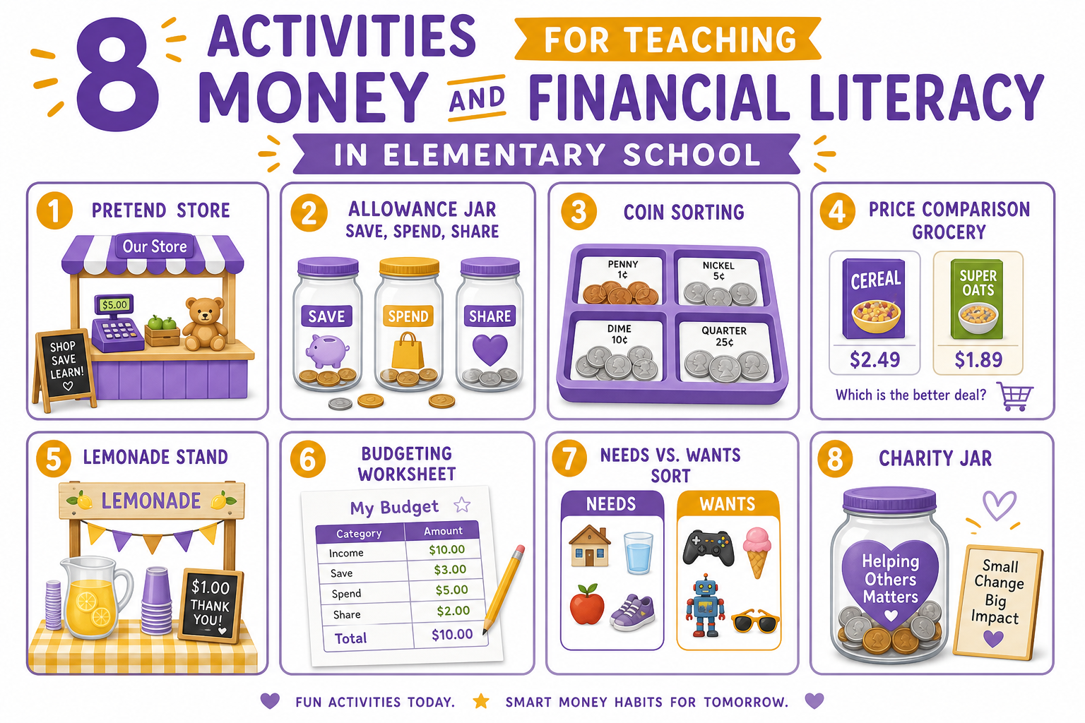 Eight activities for teaching money and financial literacy including pretend store, save spend share jars, coin sorting, and lemonade stand