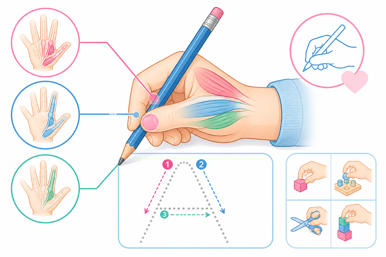 Illustration showing fine motor skills for writing including pencil grip, finger muscles, and tracing letter paths for preschool and kindergarten students